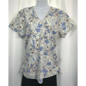 Medgear Womens Medium Blue Brown Floral Stretch V-Neck Tie Back Scrubs Top